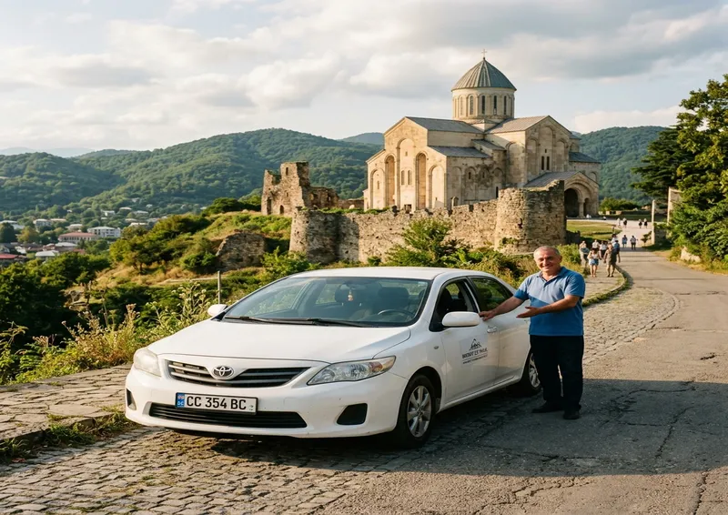 A car and driver with Kutaisi in the background
